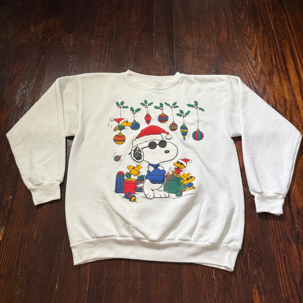 Vintage Peanuts Christmas Sweatshirt Mens XL White Snoopy Joe Cool Glitter USA